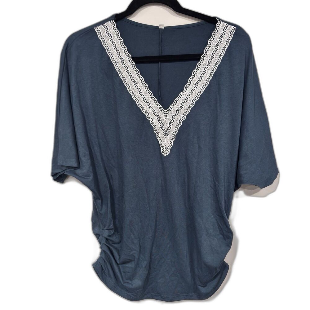 ETCYY NEW Womens Top L Short Sleeve V Neck Dolman Shirt Loose Fit Casual Blouse